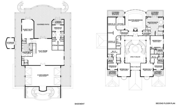Basement & Second Floor of House Plan